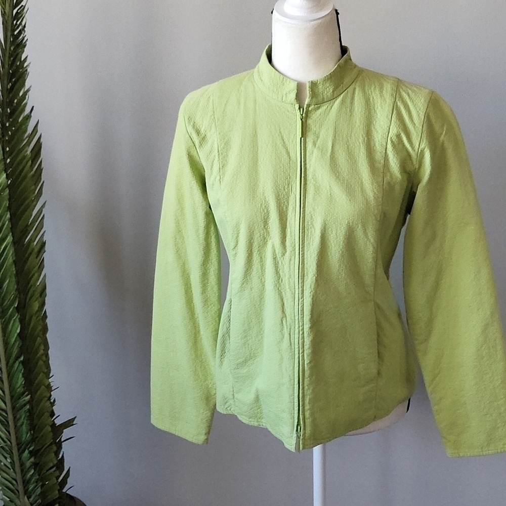 Eileen Fisher spring green straight collar full zip long sleeve lined jacket